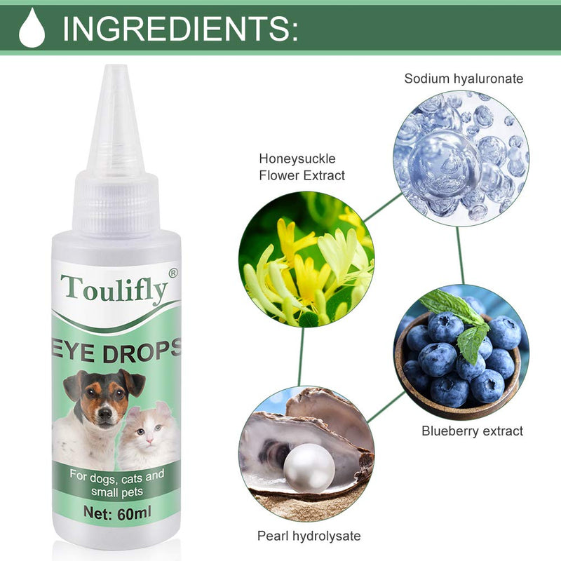 Toulifly Dog Eye Drops, Cat Eye Drops,Dog Eye Drops Natural, Pet Eye Cleaner for Dogs & Cats, Tear Stain & Dirt Crust and Discharge Remover, Helps Reduce Irritation and Prevents Tear Stains 60 ml (Pack of 1) - PawsPlanet Australia