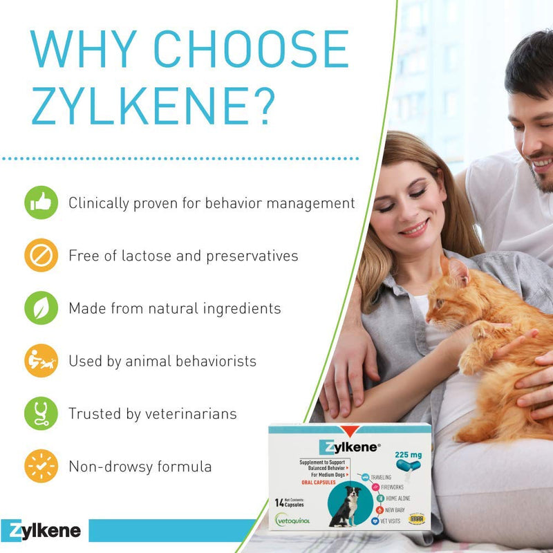 Vetoquinol Zylkene Calming Supplements for Medium Dogs from 23-65lbs, Helps Relieve Dog Anxiety and Cat Anxiety, Non Drowsy, 225mg 14 Capsules - PawsPlanet Australia