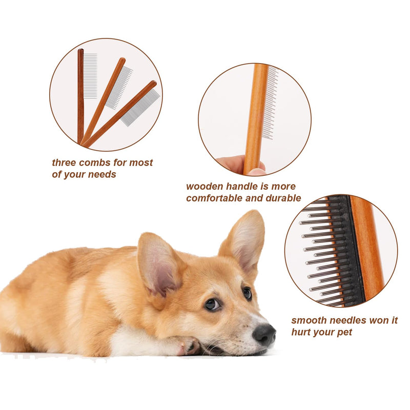 Pack of 3 Grooming Combs for Dogs, Cat Combs Made of Solid Wood with Rounded Tooth Tip Hair Comb Pet Metal Flea and Tick Comb for Cats Dogs Rabbits Tangled Hair (3 Sizes) - PawsPlanet Australia