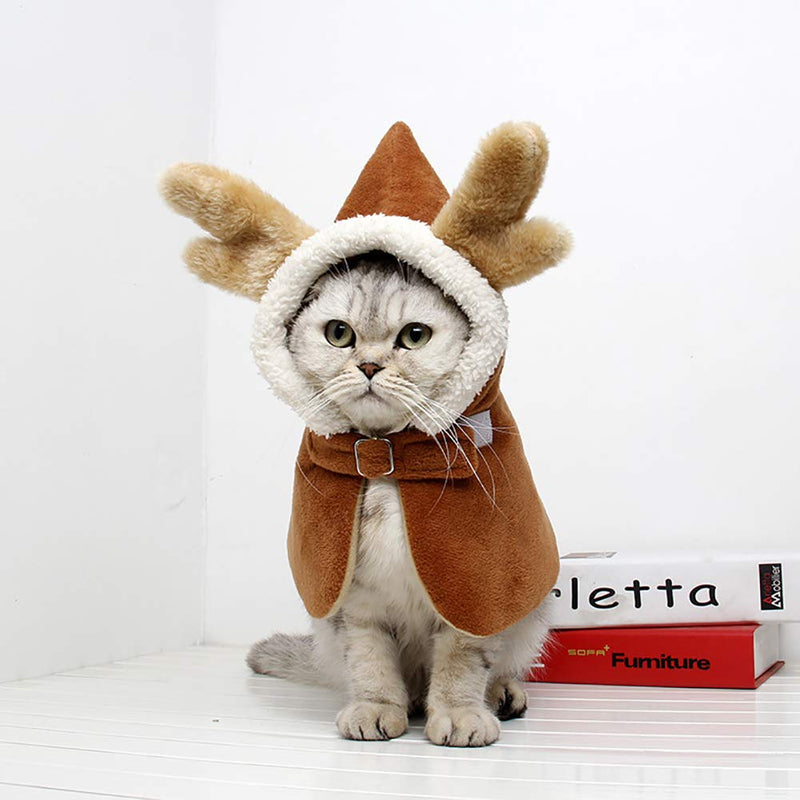 OmeHoin Christmas Style Antler Shape Plush Hooded Cloak for Pet Cat/Puppy/Small Dog Autumn Winter Wear Xmas Gift Free Size Brown - PawsPlanet Australia