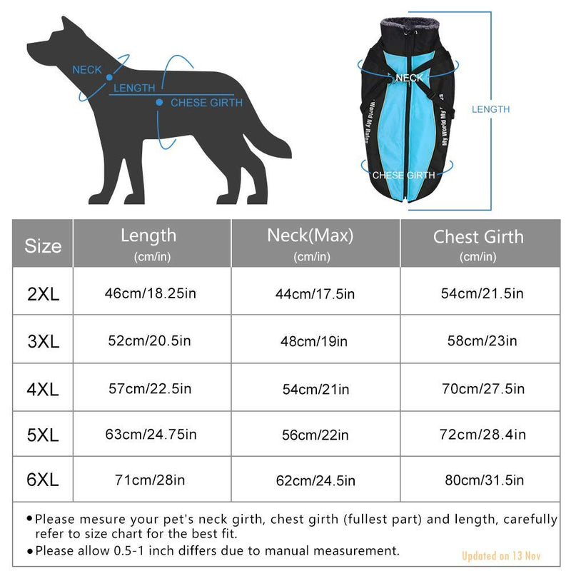 [Australia] - Dog Jacket - Winter Coat for Dogs Extra Warm Plush Collar Waterproof Windproof Pet Jacket for Hiking Camping with Zipper Reflective Dog Vest for Medium Large Dogs Build-in Harness (2XL, Blue) XX-Large 