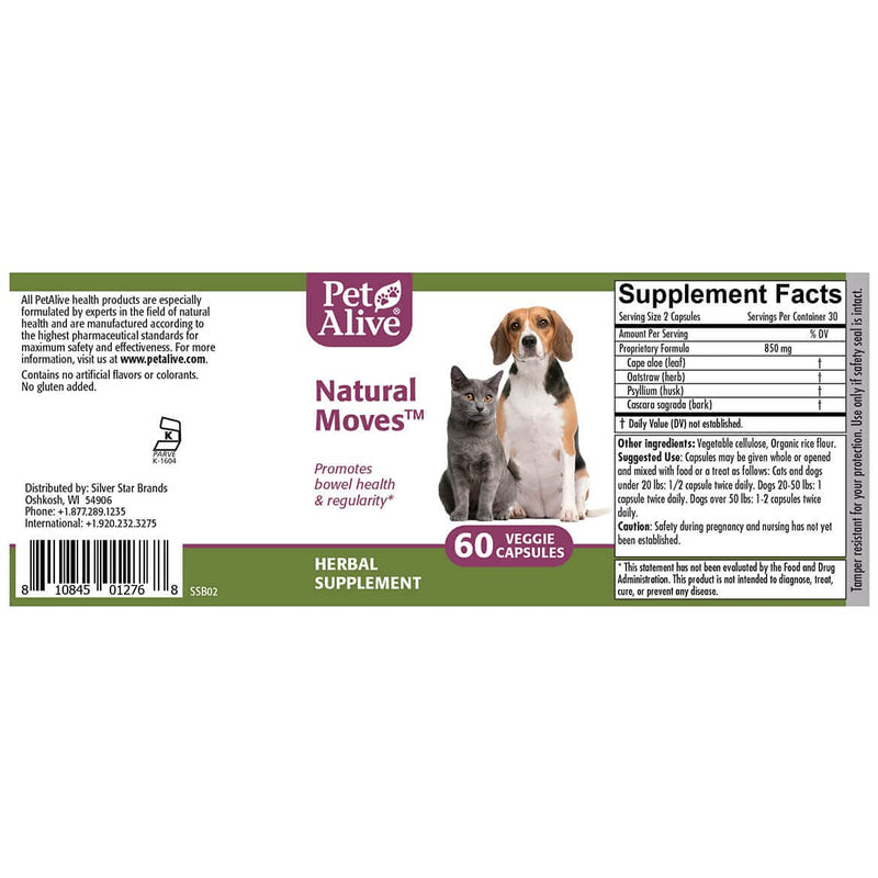 PetAlive Natural Moves - All Natural Herbal Supplement Promotes Bowel Health and Regularity in Cats and Dogs - 60 Veggie Caps - PawsPlanet Australia