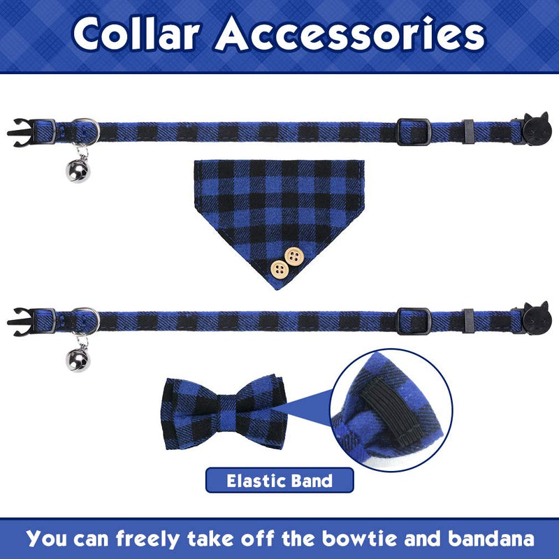 Bow Tie Cat Collar Bandana - 2 Packs Classic Plaid Checked Ginham Cat Collars with Scarf and Bow Tie - Adjustable Size with Bell - Perfect for Cats Puppy Small Dogs Bule Plaid 2 - PawsPlanet Australia