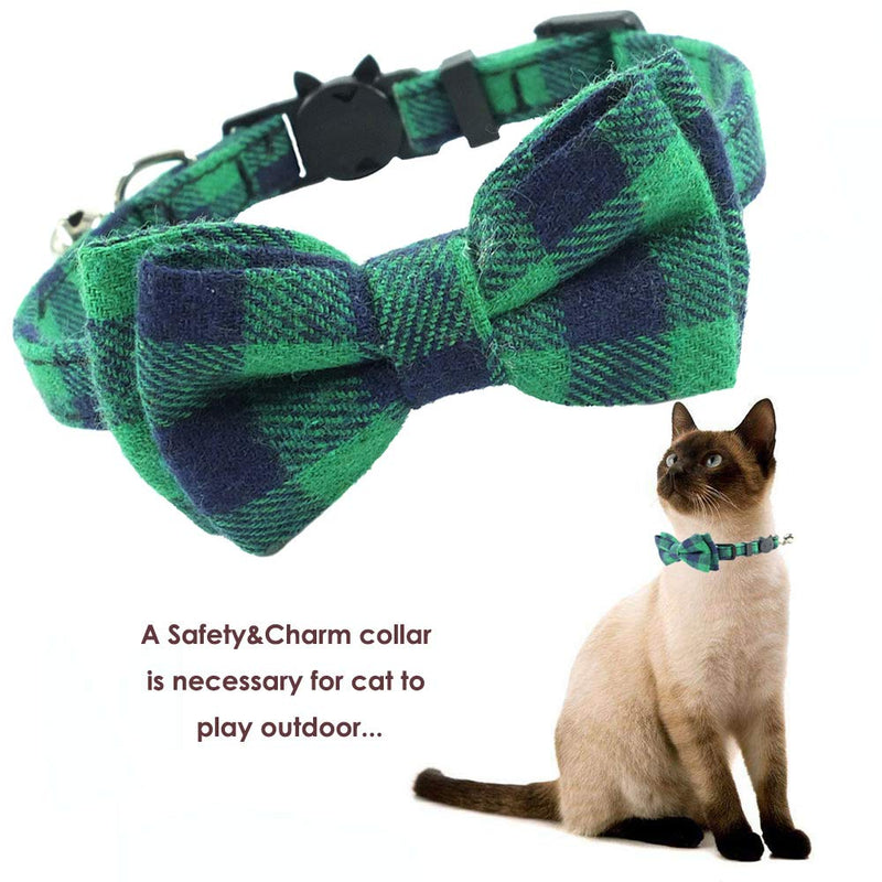 [Australia] - Cat Collar Breakaway with Bell and Bow Tie, Plaid Design Adjustable Safety Kitty Kitten Collars(6.8-10.8in) Green Plaid 