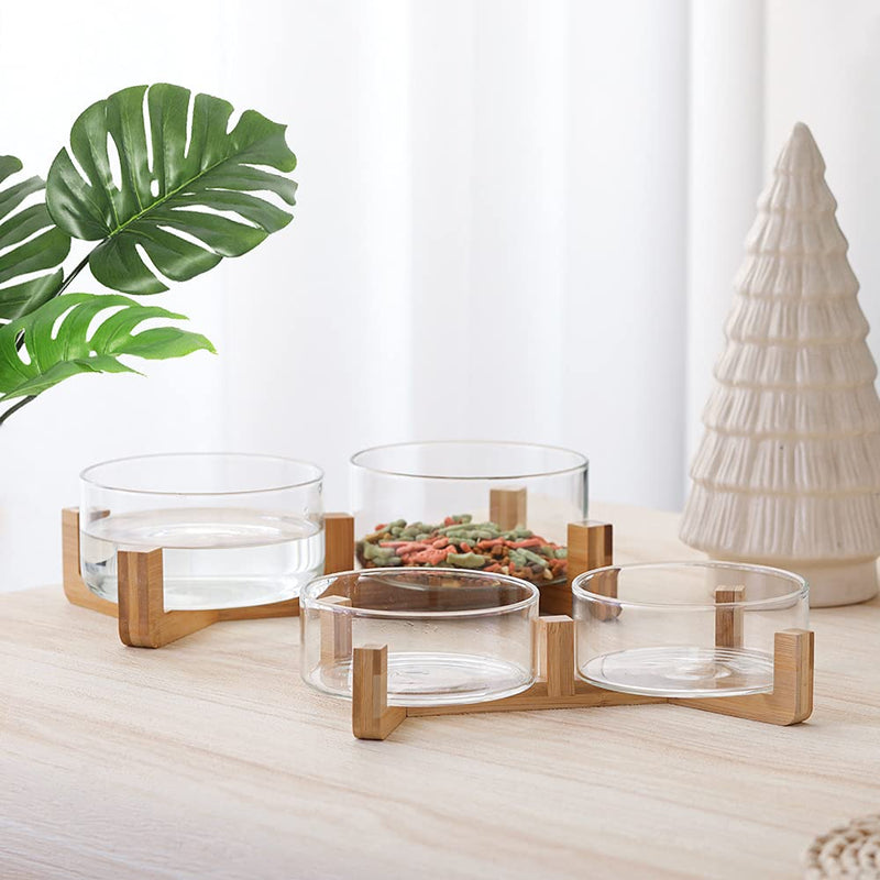 Glass Dog Bowl Set - Cat Dog Bowls with Non Slip Wood Stand - No Spill Double Pet Dish for Food Water Feeding (2 Cup- Suitable for cat and small dog) Glass×2 - PawsPlanet Australia