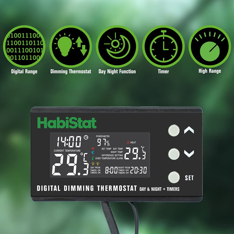 Habistat - Digital Dimming Thermostat - Day And Night Timer - Waterproof - 3 Metre Long Sensor - Adjustable Alarm - Perfect For Reptile Encourages - 600 Watt - PawsPlanet Australia
