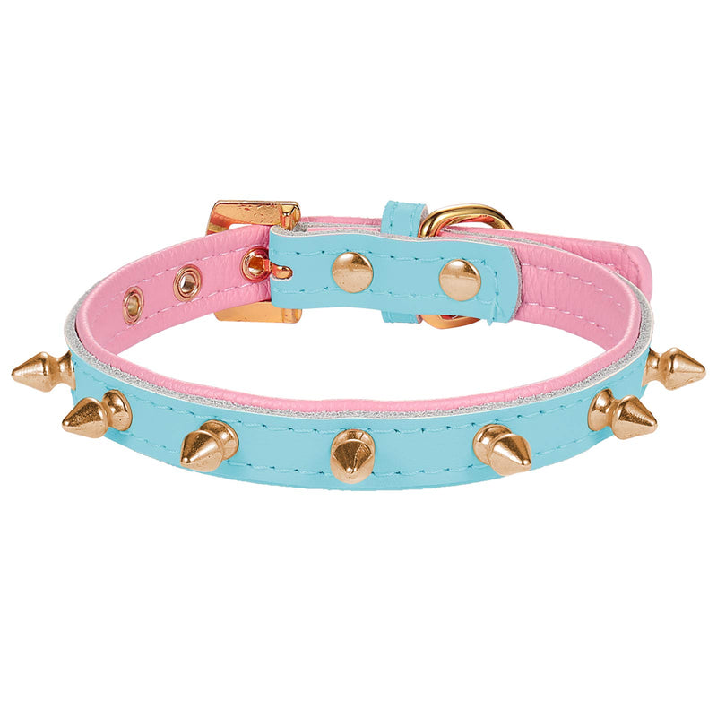 LOVPE Dog Collar/Cat Collar Golden Spiked Studded Double layer Leather Pet Collars with Golden Rhinestone Buckle for Puppy Cats Small Medium Dogs (S, Blue/Pink) S - PawsPlanet Australia