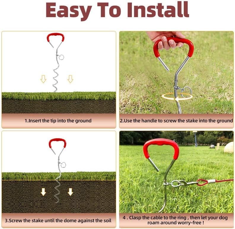 Snagle Paw Dog Tie Out Cable and Stake,Sturdy Dog Stake for Yard and 3m Dog Leash for Camping or Backyard,Great for Medium Large Dogs 3 M red - PawsPlanet Australia