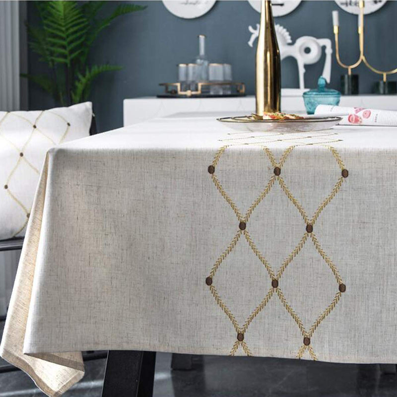 Bringsine Embroidery Geometric Diamond Tablecloth Heavy Weight Cotton Linen Fabric Dust-Proof Water-Proof Table Cloth Cover for Kitchen Dinning Tabletop Decoration (Rectangle/Oblong, 53 x 70 Inch) Rectangle/Oblong, 53 x 70 Inch - PawsPlanet Australia