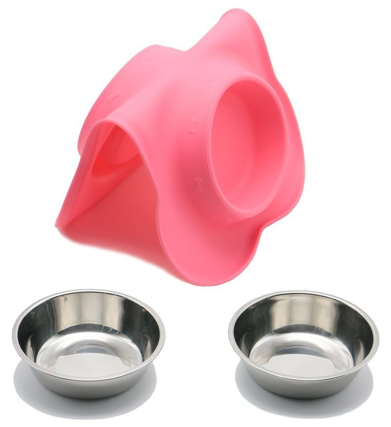 [Australia] - Vivaglory Dog Bowls Stainless Steel Water and Food Feeder with Non Spill Skid Resistant Silicone Mat for Pets Puppy Small Medium Dogs 6½ oz ea. Pink 