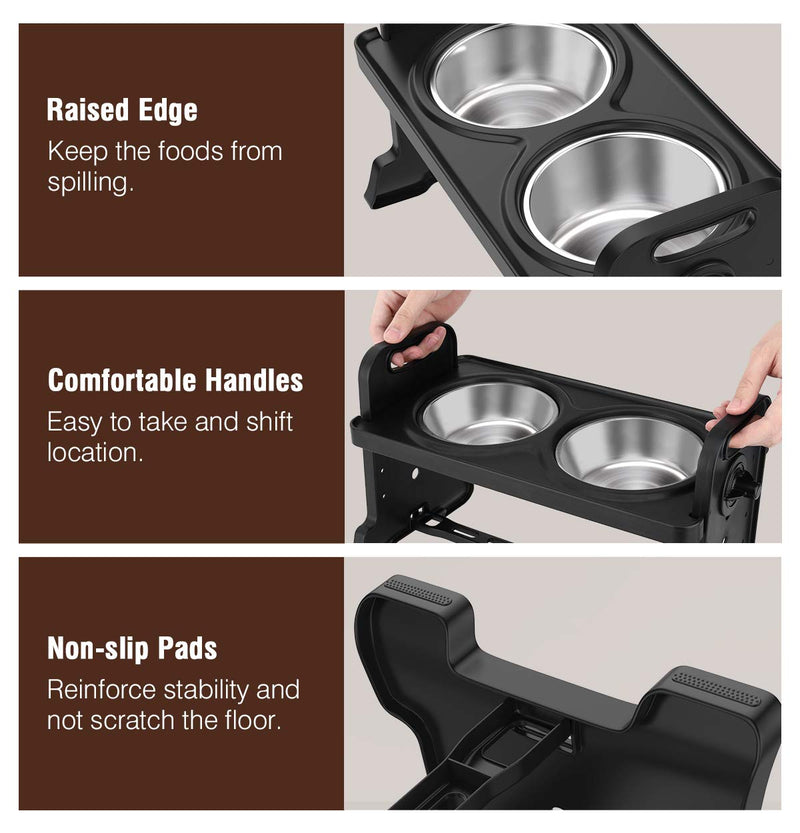 Lewondr Raised Pet Bowls for Dogs and Cats 4 Adjustable Height Stainless Steel Food and Water Bowls Pet Dish with Double Bowls Detachable Elevated Feeder Dishwasher Safe - Black - PawsPlanet Australia