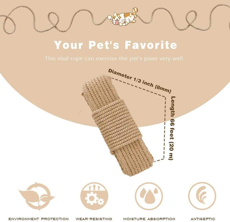 [Australia] - MXiiXM 100% Natural Sisal Rope for Cat Scratching Post - Diameter 5/6/8 mm Hemp Rope Twisted Fiber Sisal Twine for Repairing or DIY Scratcher for Cat Tree Tower 1/3inch(8mm), 66FT 