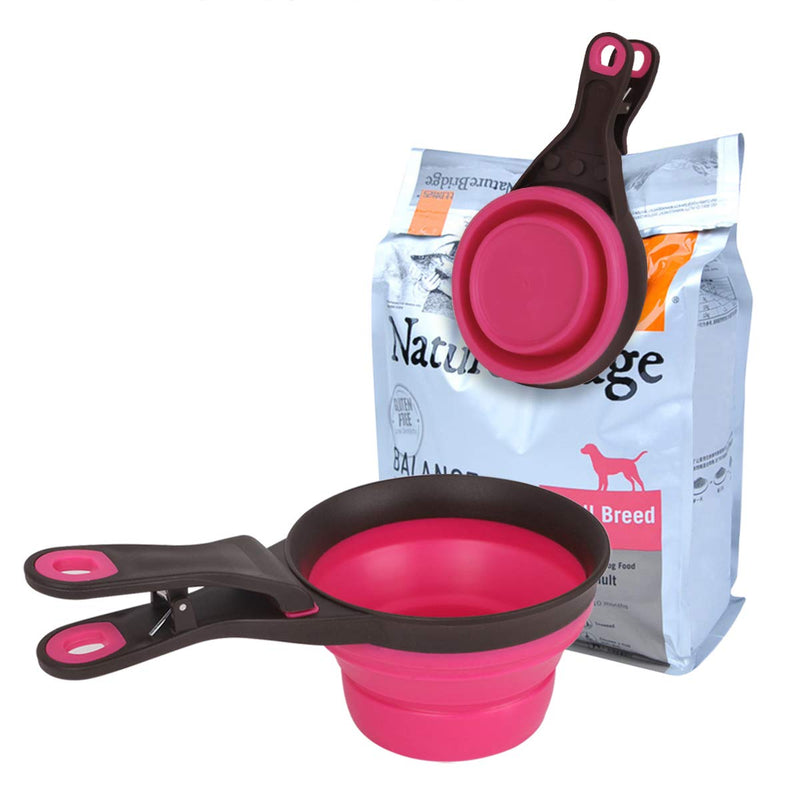 [Australia] - Multi-Function Collapsible Pet Scoop for Dog Cat Food Water Bowls Foldable Bag Clip for Pets Collapsible Measuring Cups and Measuring Spoons - Portable Food Grade Silicone for Liquid and Dry Measuring Pink 