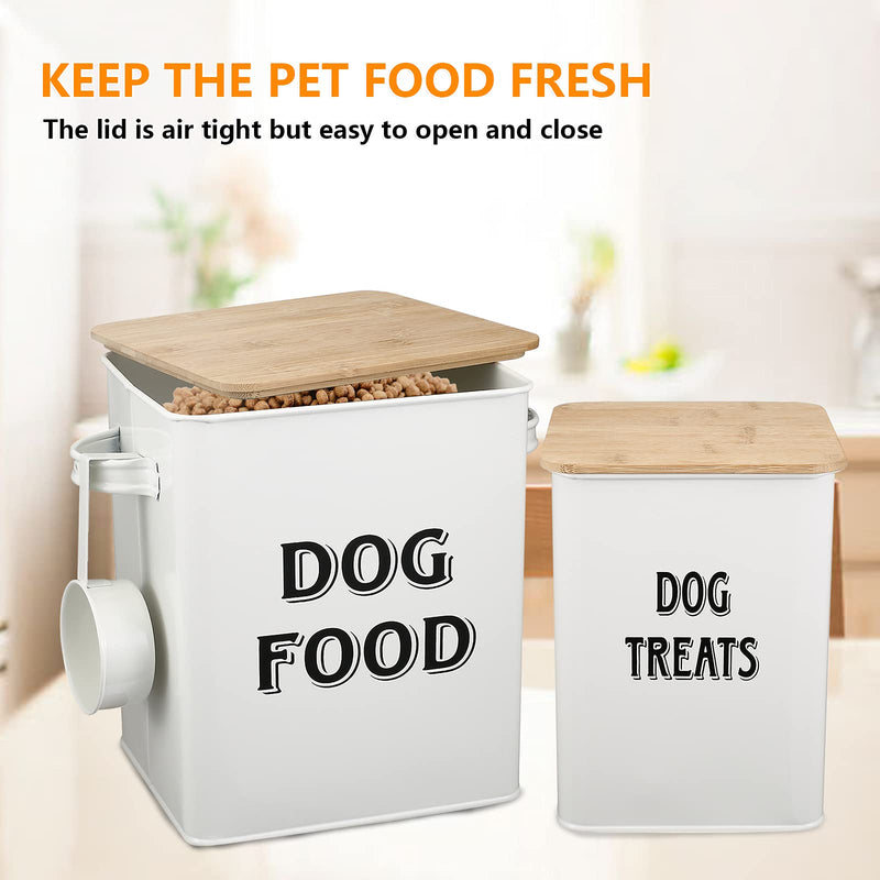 Pet Food and Treats Containers Set with Scoop for Cats or Dogs - Beige Powder-Coated Carbon Steel - Tight Fitting Wood Lids - Storage Canister Tins - Dog Food Dog Food Wood - PawsPlanet Australia