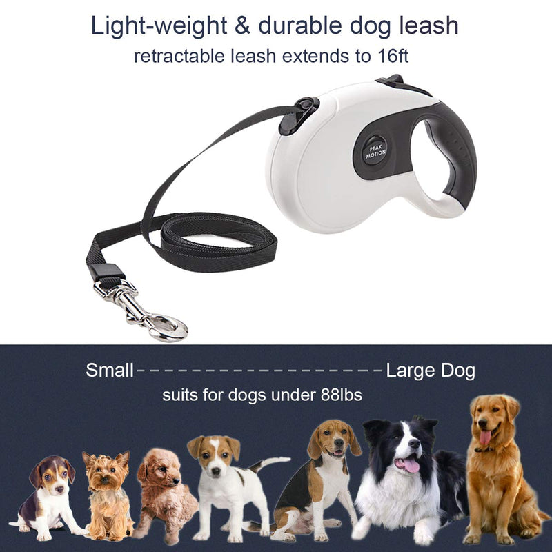 [Australia] - PEAK MOTION Retractable Dog Leash, 16ft Strong Nylon Cord, 360° Tangle-Free Dog Leash for Small Medium Large Dogs up to 88lbs, Dog Walking Leash with Waste Bag White 