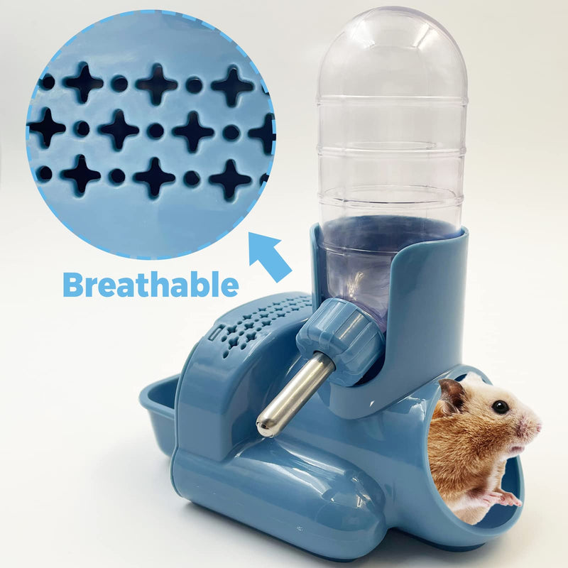 Vannon 3 in 1 Hamster Water Bottle No Drip Small Animal Water Bottle Automatic Bottle Dispenser with Food Container Base Hut and Hideout Base 4oz/120ml,BPA Free Blue - PawsPlanet Australia