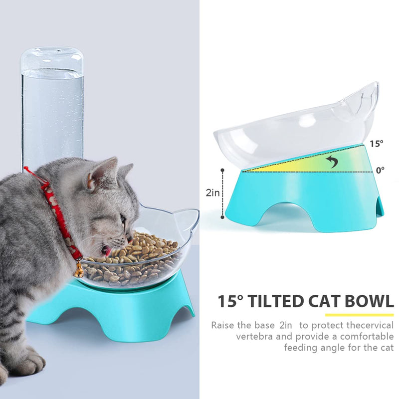MILIFUN Double Dog Cat Bowls - Pets Water and Food Bowl Set, 15°Tilted Water and Food Bowl Set with Automatic Waterer Bottle for Small or Medium Size Dogs Cats Blue - PawsPlanet Australia