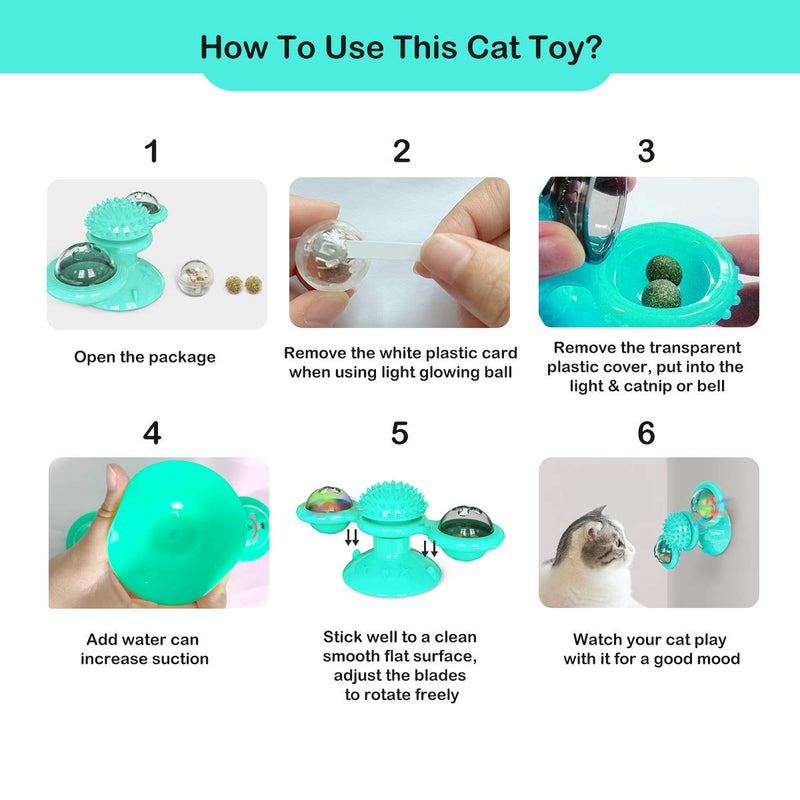 Yimoloyo Windmill Cat Toy for Indoor Cats, Interactive Cat Catnip Toy Cat Toothbrush Hair Brush Turntable Message Scratching Tickle Kitty Toys with Strong Suction Cup LED Light/Catnip Balls Blue - PawsPlanet Australia