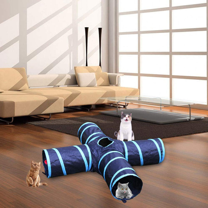 Homevibes Cat Tunnel Collapsible Pet Play Tunnel Tube Toy with a Bell Toy & a Soft Ball Toy for Cat, Puppy, Kitty, Kitten, Rabbit 4 way Blue - PawsPlanet Australia