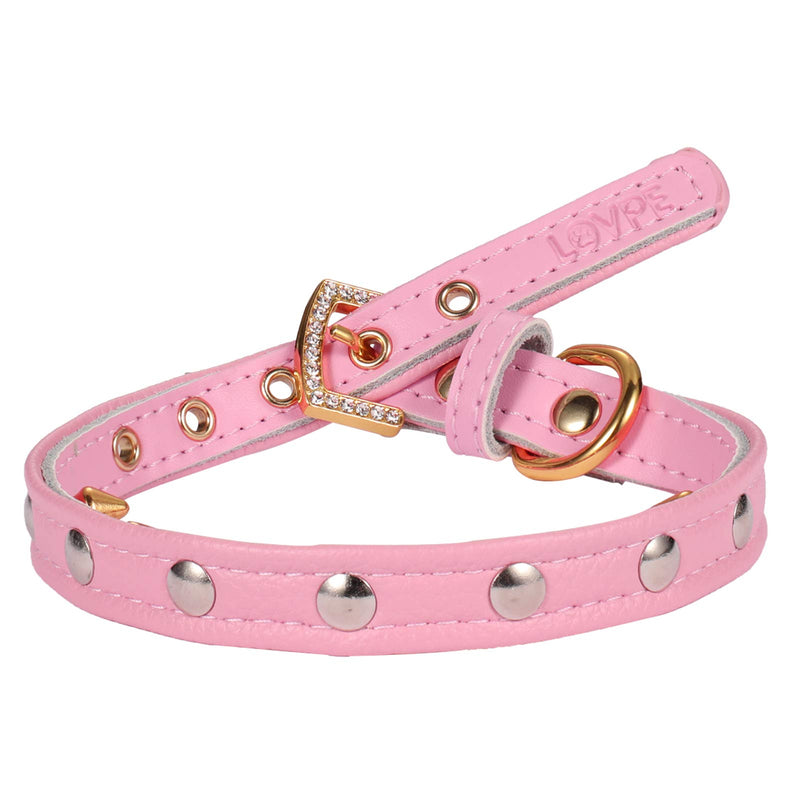 LOVPE Dog Collar/Cat Collar Golden Spiked Studded Double layer Leather Pet Collars with Golden Rhinestone Buckle for Puppy Cats Small Medium Dogs (S, Pink) S - PawsPlanet Australia