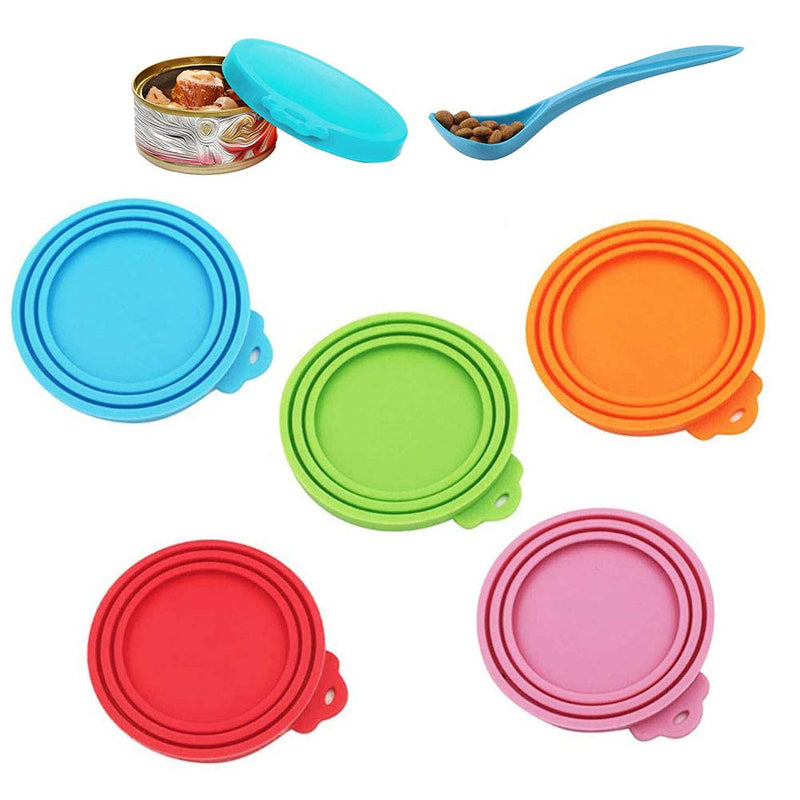 Pet Food Can Covers, 5 Pieces of Silicone Can Lids and Long Handle Feeding Spoon, Food Grade Universal Size Food Cover for Dog Cat Can Food - PawsPlanet Australia