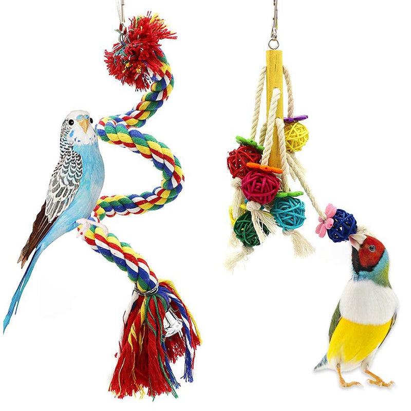 Dofyou 6pcs Bird Parrot Toys Hanging Bell Chewing Natural Wood and Rope Bungee Bird Toy for Small Parakeets Cockatiels, Conures, Macaws, Parrots, Love Birds, Finches - PawsPlanet Australia