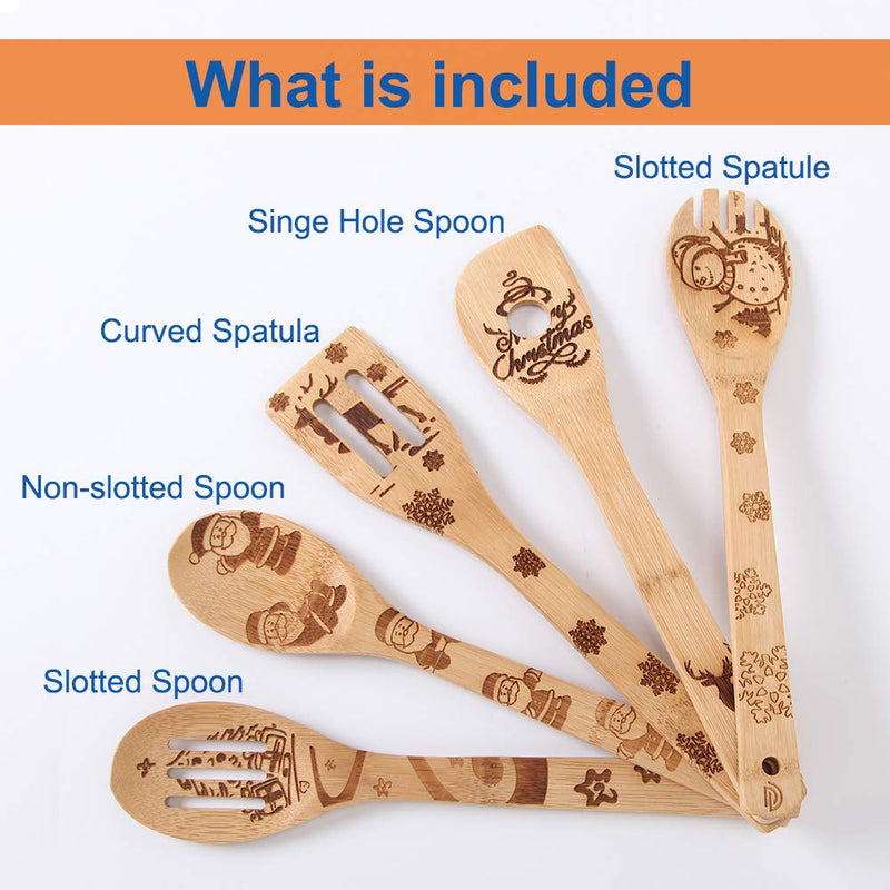 5 PCS Bamboo Wooden Kitchen Utensil Sets, Snowman Pattern Burned Non-Stick Bamboo Slotted Spoons & Spatulas for cooking, Christmas Decorations Great Xmas Gifts Idea for Friend and Family xueren - PawsPlanet Australia