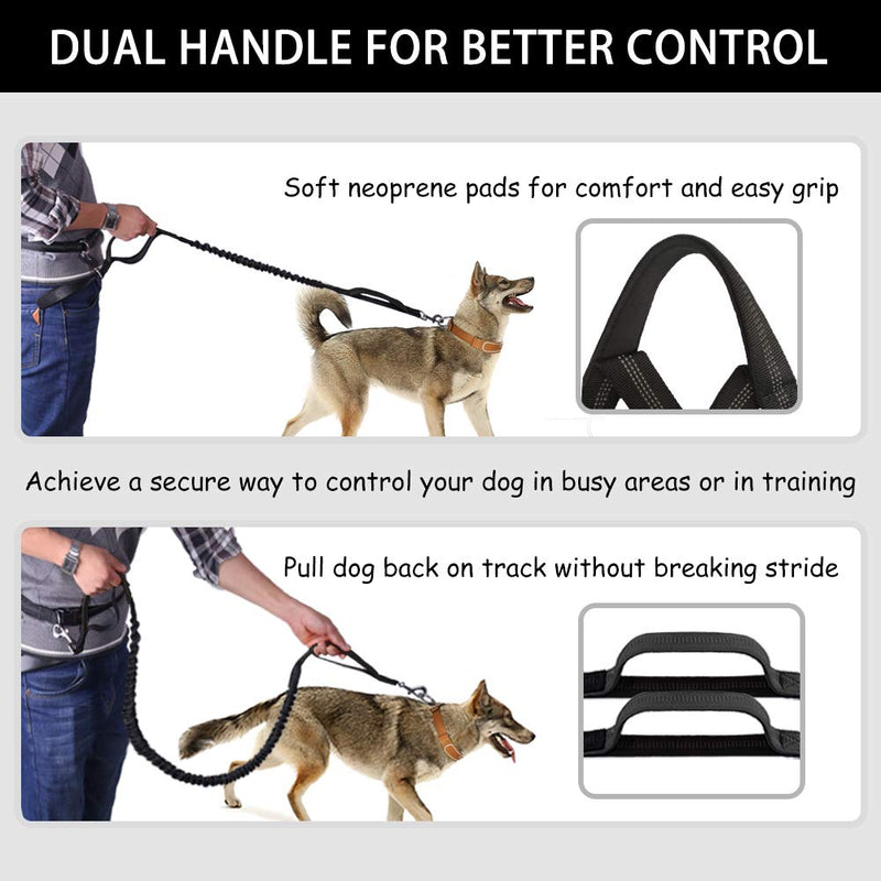 LANNEY Hands Free Dog Leash for Running Walking Jogging Training Hiking, Retractable Bungee Dog Running Waist Leash for Medium to Large Dogs, Adjustable Waist Belt, Reflective Stitches, Dual Handle Black and Gray for 2 Dogs (Detachable Pouch) - PawsPlanet Australia