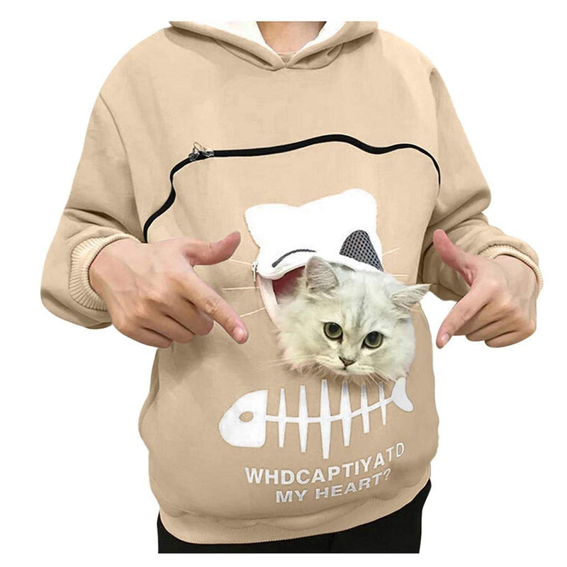 Ducomi Sweatshirt Hoodie with Kangaroo Pocket for Cat Dog – Hooded Pet Carrier Jumper with Cuddle Pouch for Small Pets - Women Breathable Pullover Top Beige S - PawsPlanet Australia