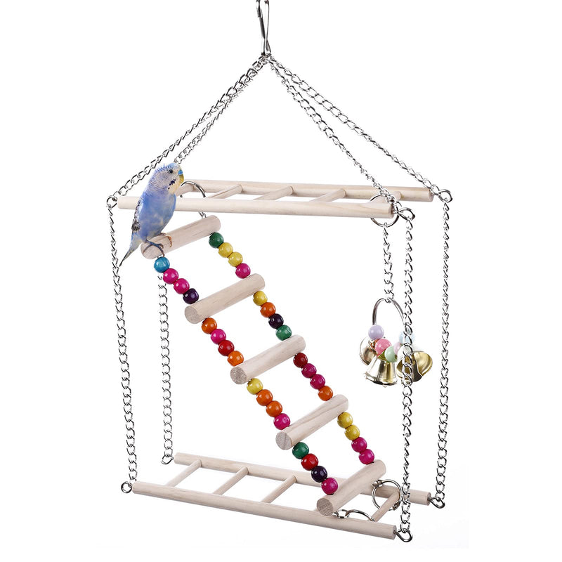 SAWMONG Bird Ladder, Bird Climbing Toys for Parrots, Wooden Bird Perch Bird Exercise Gym with Ladder and Bells for Parakeets Lovebirds Cockatiels and Small Birds S - PawsPlanet Australia