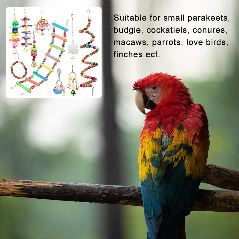 Bird Cages Accessories, 10pcs Colorful Bird Perch Stand Platform, Wooden Ladders Hammock, Swings Bird Parrot Toys with Bells for Small Medium Parrots，Conures, Cockatiels, Budgie, and Lovely Birds - PawsPlanet Australia