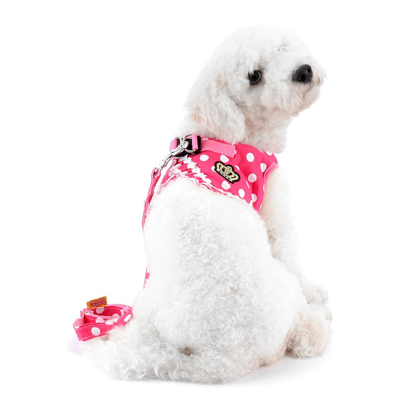 [Australia] - SMALLLEE_LUCKY_STORE No Pull Polka Dot Small Dog Cat Harness with Crown, Soft Mesh Padded Vest Harness and Leash Set for Girls M (chest 13.4") Pink 