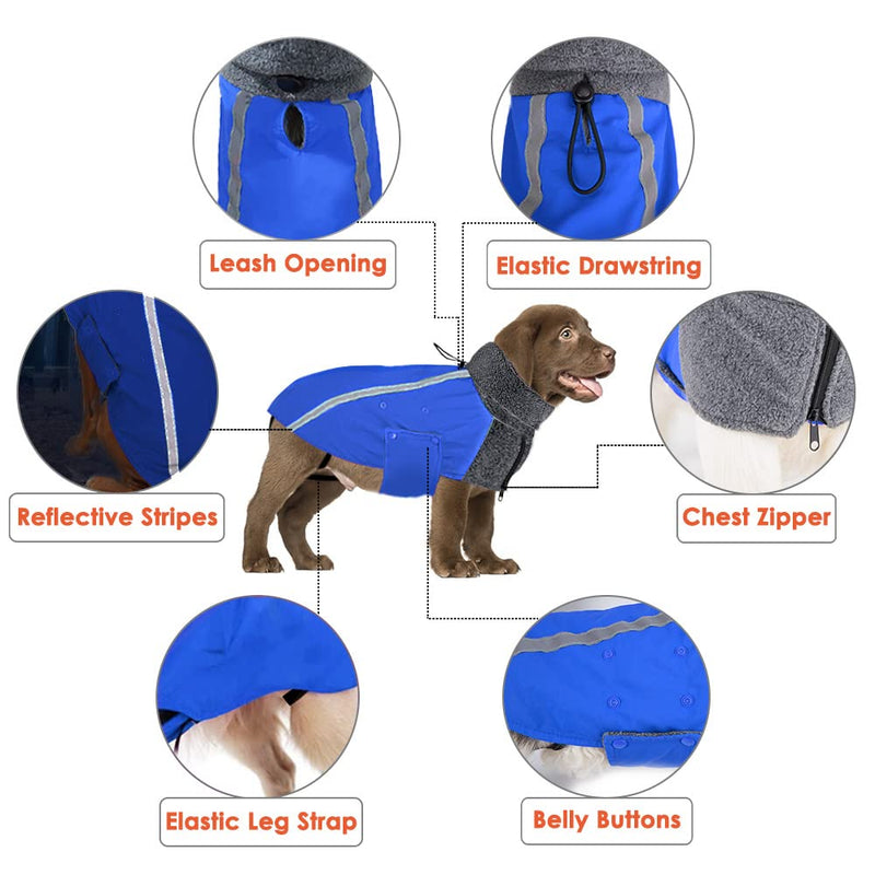 SlowTon Winter Dog Coat, Warm Polar Fleece Lining Doggie Outdoor Jacket with Turtleneck Scarf Reflective Stripe Adjustable Waterproof Windproof Puppy Vest Soft Pet Outfits Blue Large (Chest 24.8"-28.7") - PawsPlanet Australia