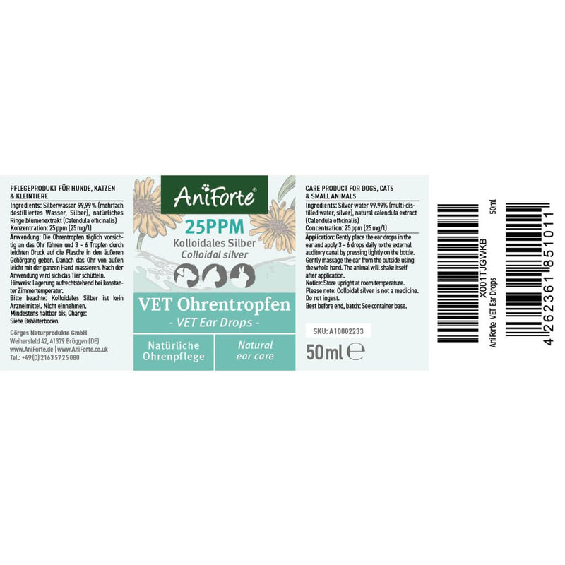 AniForte ear drops with colloidal silver 25ppm & marigold 50ml | For dogs, cats & small animals I For ear infections, itching I Ear care, ear hygiene, healthy ears - PawsPlanet Australia