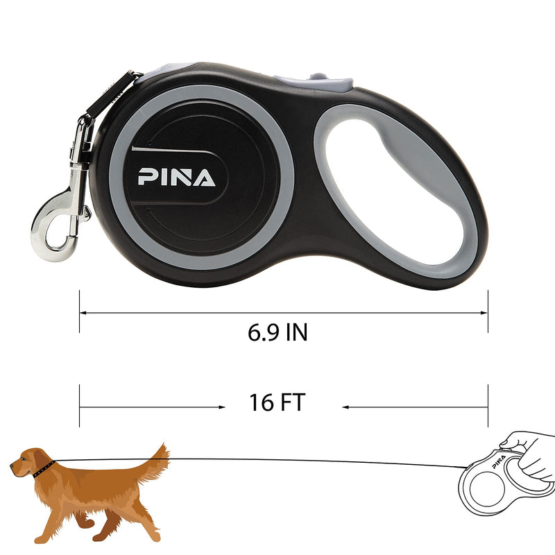 PINA Retractable Dog Leash, 26ft Dog Leash for Small Medium Large Dogs Up to 110lbs, 360° Tangle-Free Strong Reflective Nylon Tape, with Anti-Slip Handle, One-Handed Brake, Pause, Lock 16FT Black Gray - PawsPlanet Australia