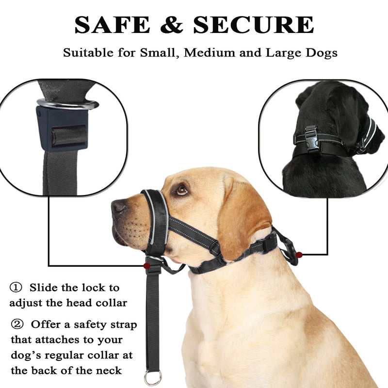 Dog Head Collar, No Pull Padded Head Halter with Safety Strap & Clip, Reflective Dog Halter Stop Pulling on Leash, Effective Training Walking Tool for Medium Large Dogs S(Snout: 6”-9.8”) Black - PawsPlanet Australia