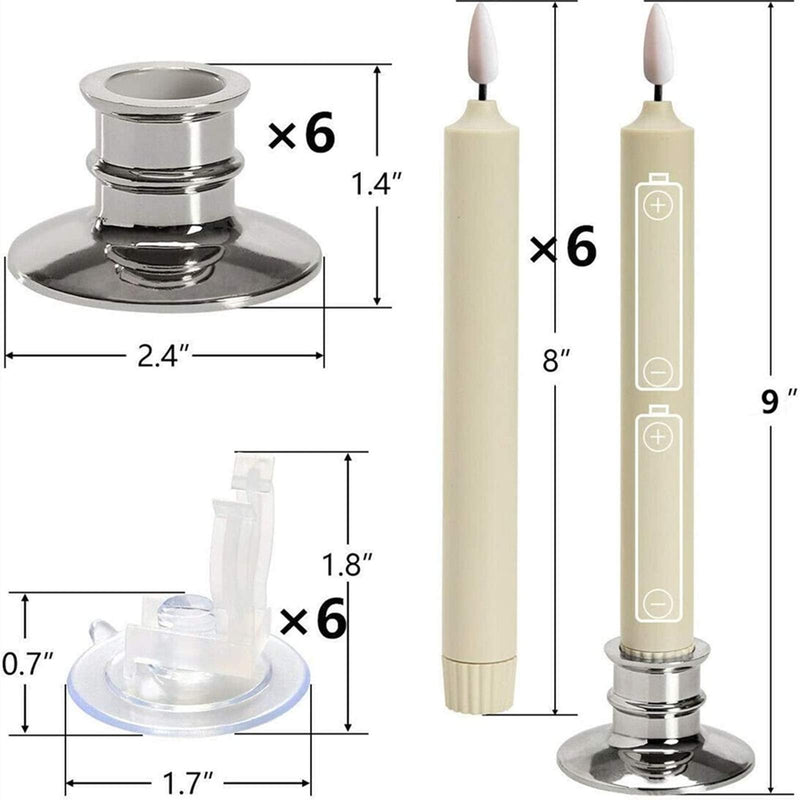 6PACK Flameless Battery Powered Ivory Taper Windows Candles with Remote and Timer & Candlestick, with Clips, Suction Cup,and Removable Silver Candleholders, Remote Included, Patented Silver Candleholder - PawsPlanet Australia