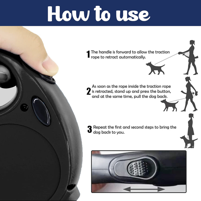 Automatic Retractable Dog Leash, 16-Foot High-Density Braided Rope Upgraded Version Buckle Lock, One-Hand Brake, Pause, Lock Suitable for Small and Medium Sized Dogs (Black) Black - PawsPlanet Australia