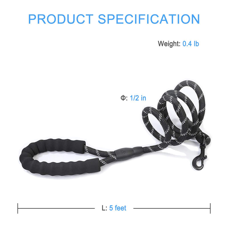 FIFIGO 5 FT Strong Dog Leash with Comfortable Padded Handle and Highly Reflective Threads for Small Medium and Large Dogs 1/2'' x 5 FT (18~120 lbs.) Black - PawsPlanet Australia