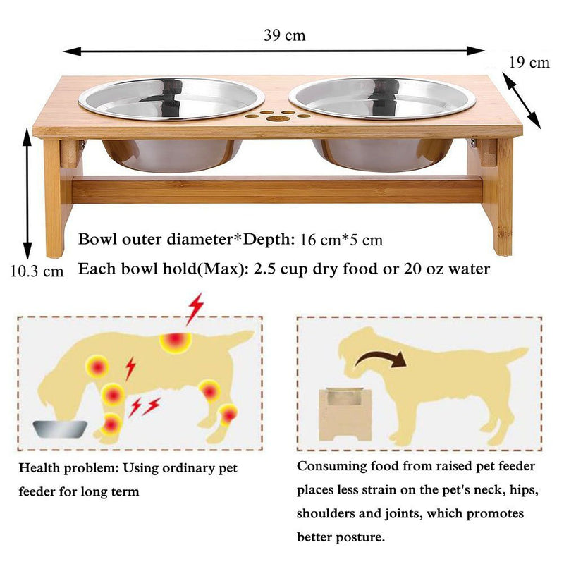 FOREYY Raised Dog Bowls for Cats and Dogs - Bamboo Elevated Dog Cat Food and Water Bowls Stands Feeder Dishes with 2 Stainless Steel Bowls and Anti Slip Feet (Small - 10 cm high) Small - 10 cm high - PawsPlanet Australia