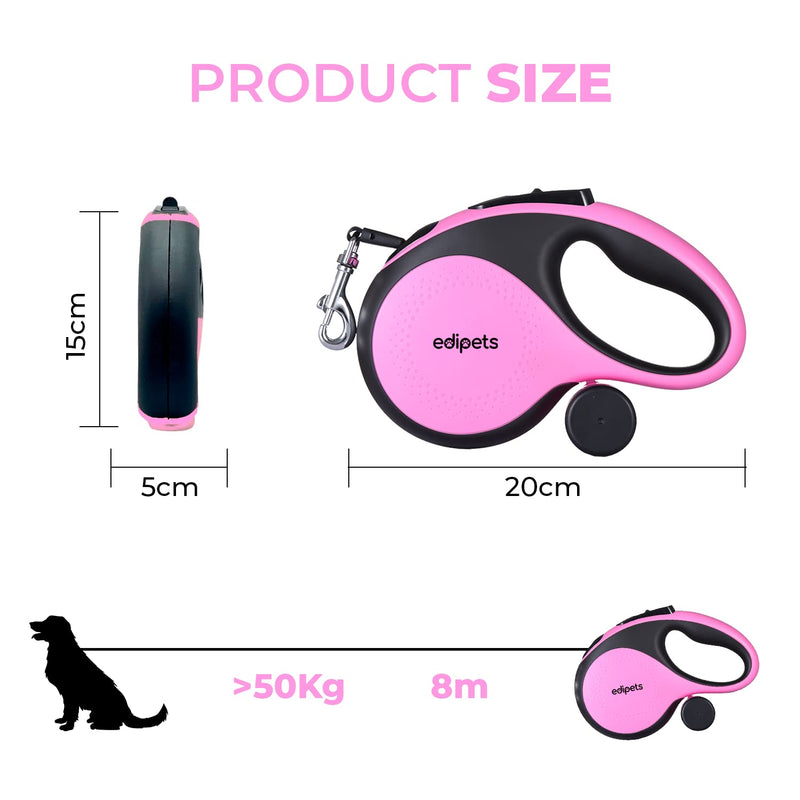 Edipets Extendable and Retractable Dog Lead 5m 8m Flexible for Training and Walking for Small, Medium and Large Dogs (Pink, 8 Meters) - PawsPlanet Australia