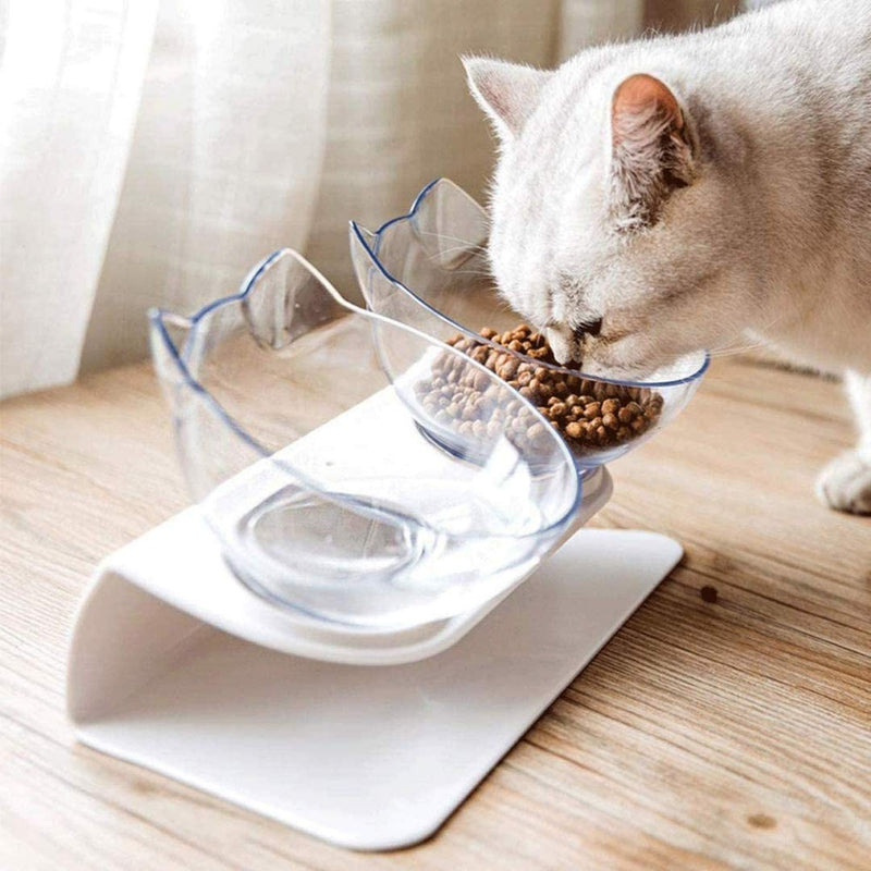 Wuudi Cat Feeding Bowl Cat Food 15° Inclined Creative Non-Slip Base Double Bowl Dog Bowl Cat Bowl for Food Water + Light Blue Duck Bill Pet Spoon Black + transparent - PawsPlanet Australia