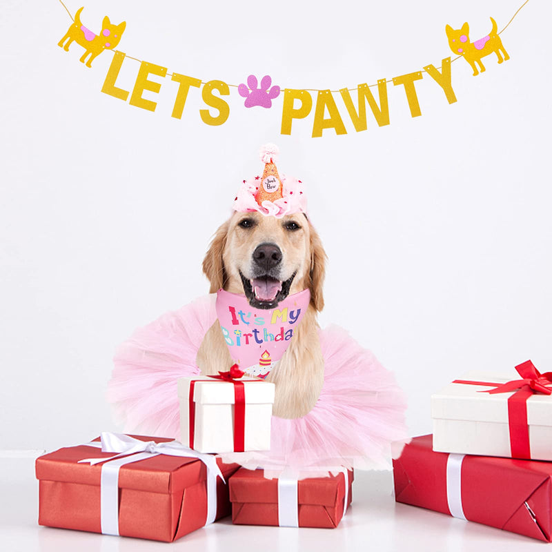 ANYI16 Dog Birthday Party Bandana Girl Dog Birthday Supplies - Pink Hat Scarf Tutu Skirt Happy Birthday Banner for Pet Puppy Dog, Cat - PawsPlanet Australia