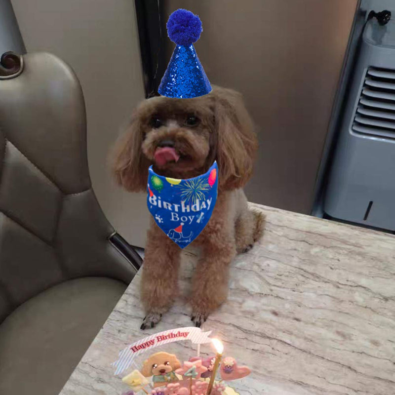 ADOGGYGO Dog Birthday Bandana Hat Set Dog Puppy Birthday Party Supply Dog Bandana Boy Girl Puppy Birthday Hat Scarf for Small Medium Dog Pet Blue Scarf & Hat - PawsPlanet Australia