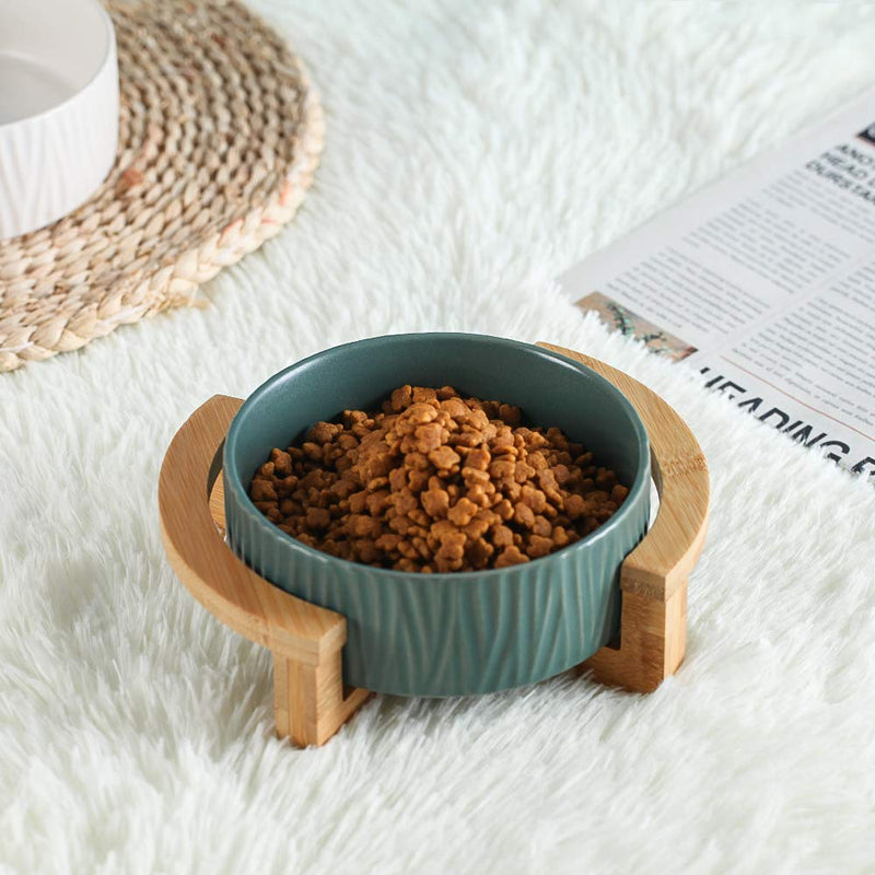 HCHLQLZ Green 5 inch Ceramic Cat Bowl with Wood Stand No Spill Pet Food Water Feeder Cats Small Dogs - PawsPlanet Australia