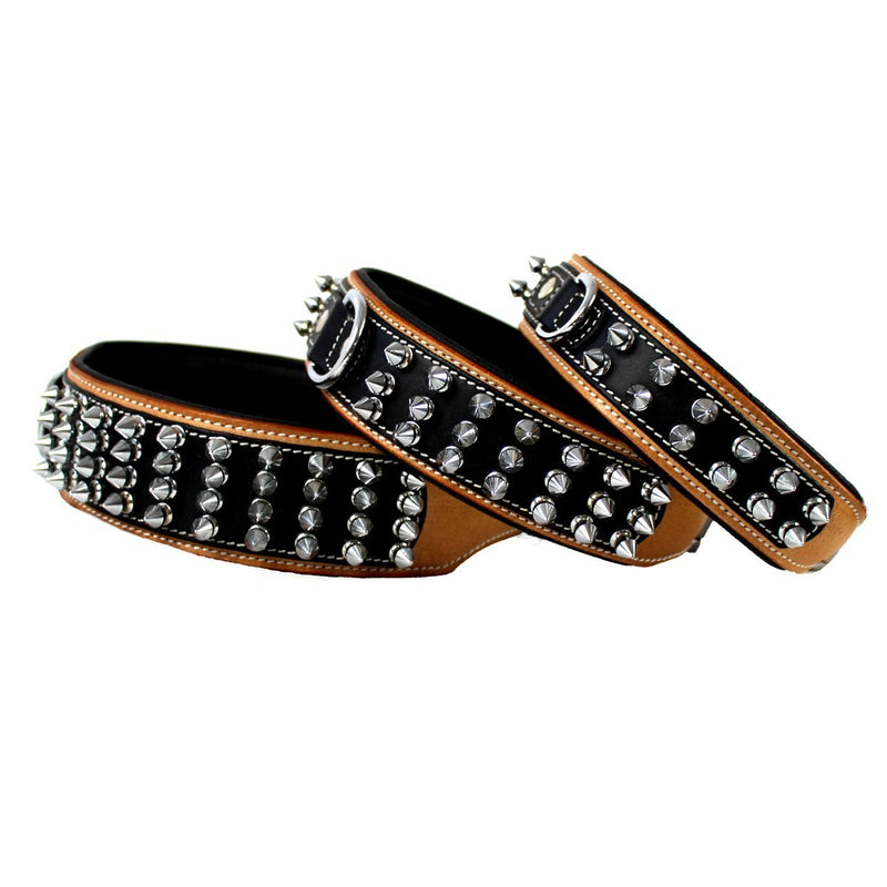 MICHUR STRIKE NO. 1 leather dog collar, collar, leather dog collar, studs, NECKLACE LEATHER COLLAR, BEIGE BLACK WIDE Neck circumference 22.05-25.04" - PawsPlanet Australia