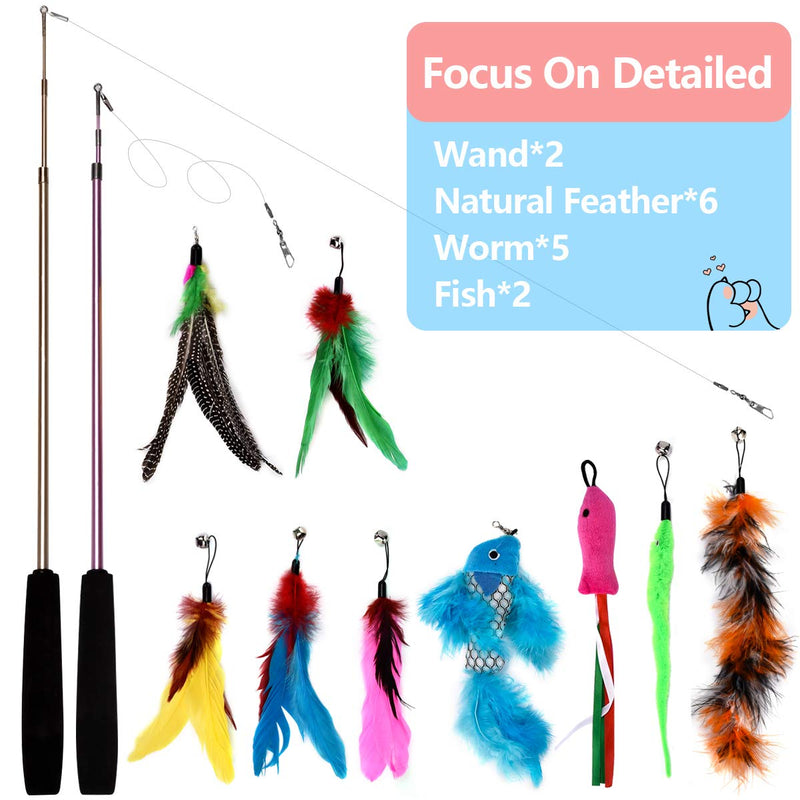 Bojafa Cat Toys Kitten Toys with 2 Retractable Teaser Wand,13 Pcs Feather Refills, Cat Feather Toys for Indoor Cats Kitty Interactive Training b - PawsPlanet Australia