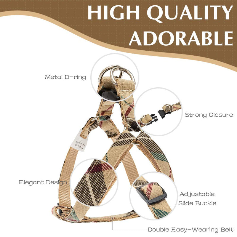 [Australia] - SCIROKKO No Pull Dog Harness and Leash Set - Adjustable Plaid Step in Puppy Basic Harness for Small Medium Dogs Cats S(chest 15.7-22.8in) Beige 