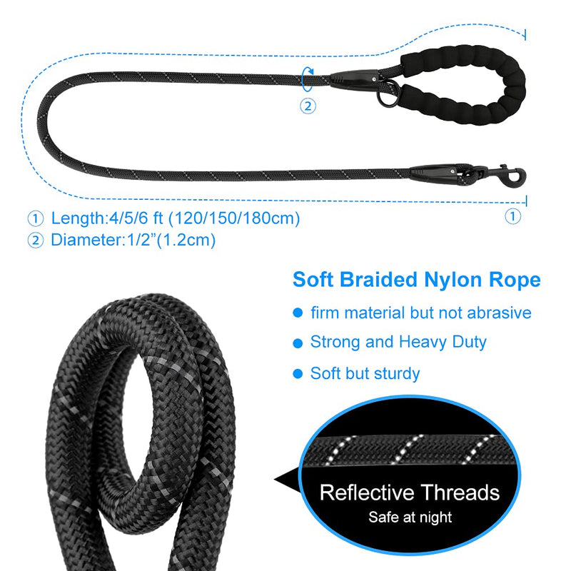 Plutus Pet Heavy Duty Rope Dog Leash with Comfortable Padded Handle, Highly Reflective Strong Sturdy 4/5/6 FT Dog Leash for Small Medium Large Dogs(1/2"×4', Black) 1/2"×4' - PawsPlanet Australia