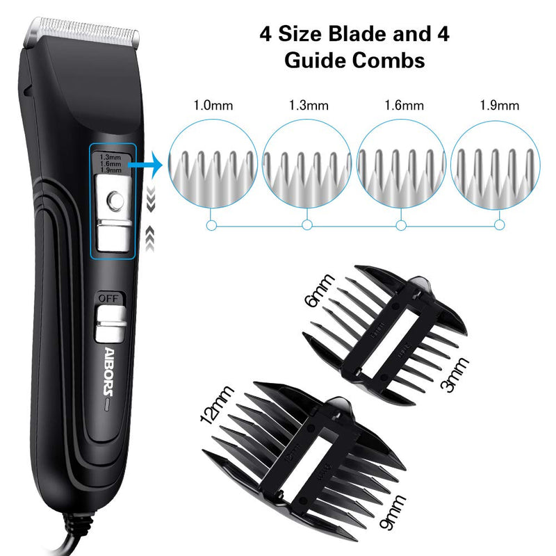 [Australia] - AIBORS Dog Clippers Shaver 12V High Power for Thick Heavy Coats Quiet Plug-in Pet Electric Professional Hair Grooming Clippers kit with Guard Combs Brush for Dogs Cats and Other Animals Black 